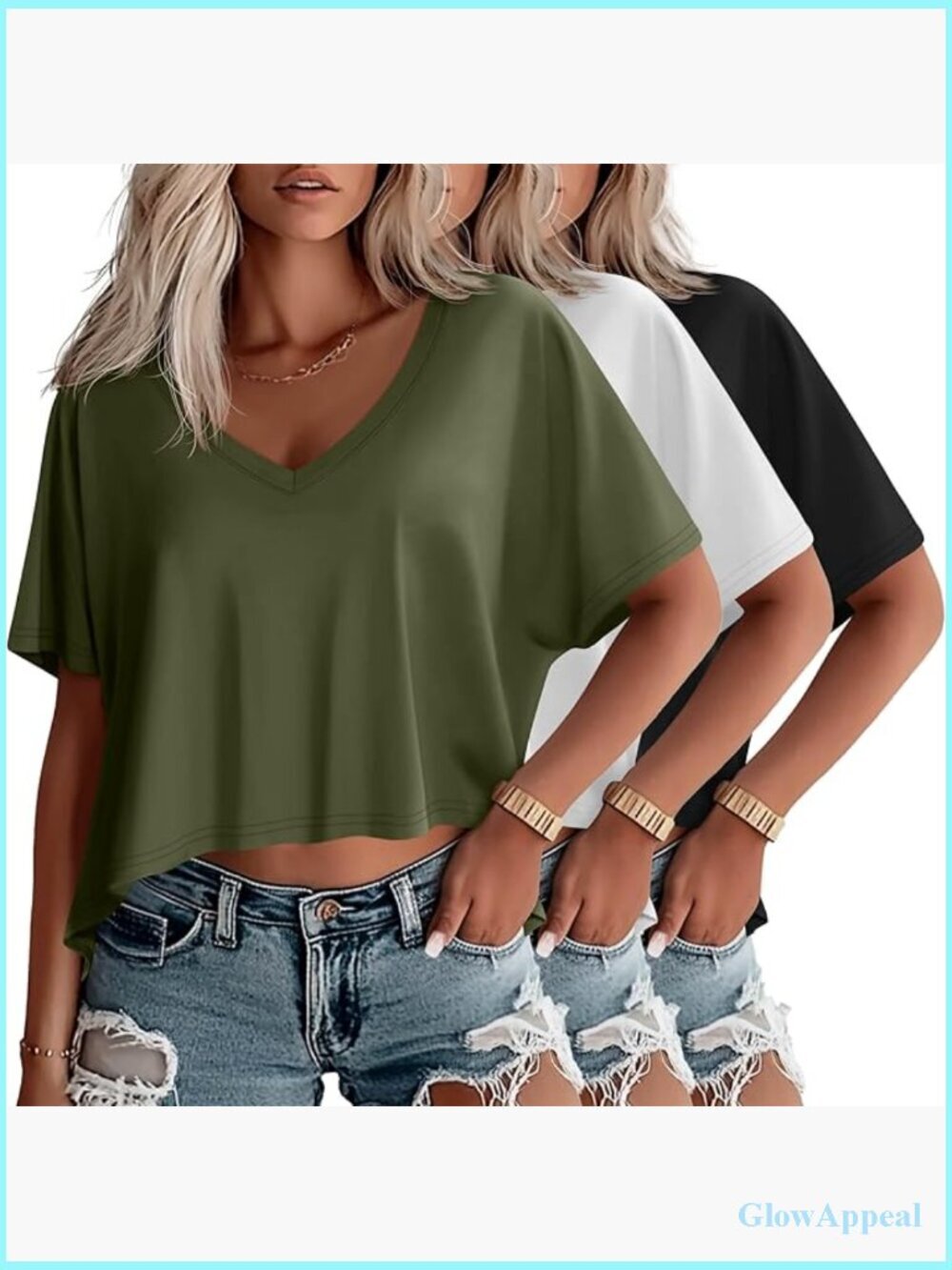 3 Pack Oversized Crop T-Shirts for Women V Neck Irregular Hem